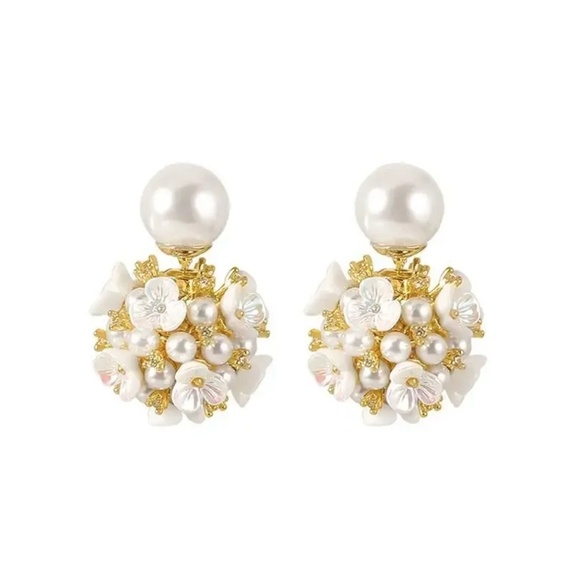 Floral Cluster Pearl Earrings – 8mm Stud with 18mm Drop – Gold-Tone with White B - Picture 1 of 2